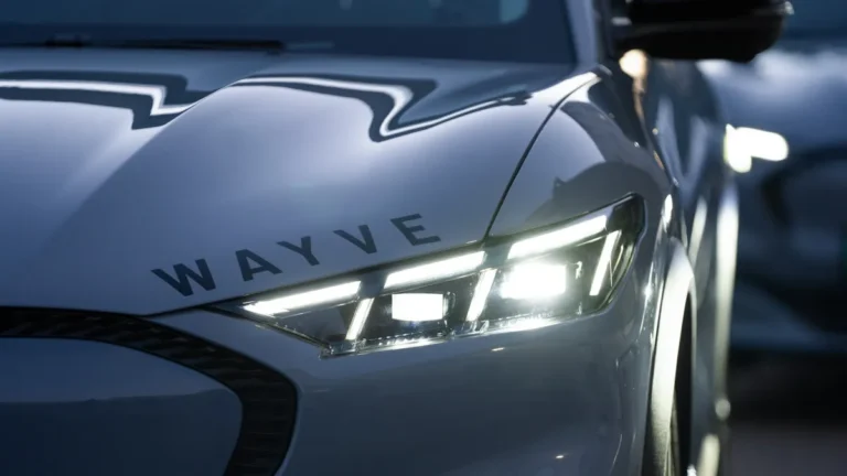 Close-up of a car's front with bright headlights and "Wayve" logo on the hood.