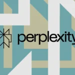 Perplexity logo with geometric background in beige, blue, and white tones
