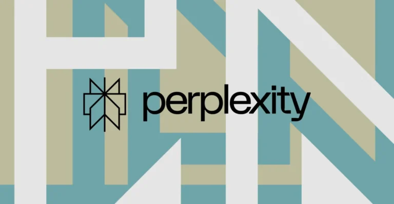 Perplexity logo with geometric background in beige, blue, and white tones