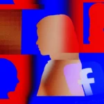 Colorful abstract collage with silhouettes and a Facebook logo, featuring red and blue tones.