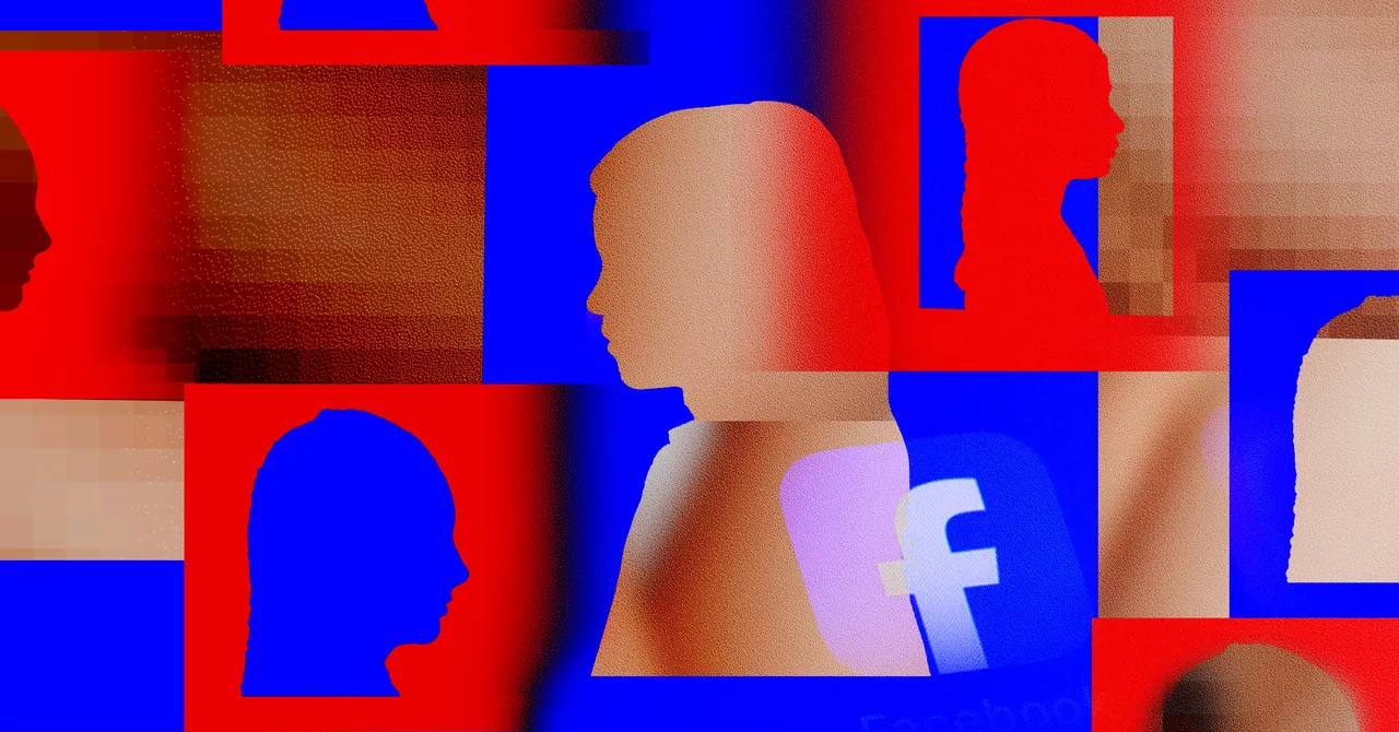 Colorful abstract collage with silhouettes and a Facebook logo, featuring red and blue tones.