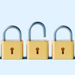 Five padlocks in a row, with one open and four closed, on a light blue background