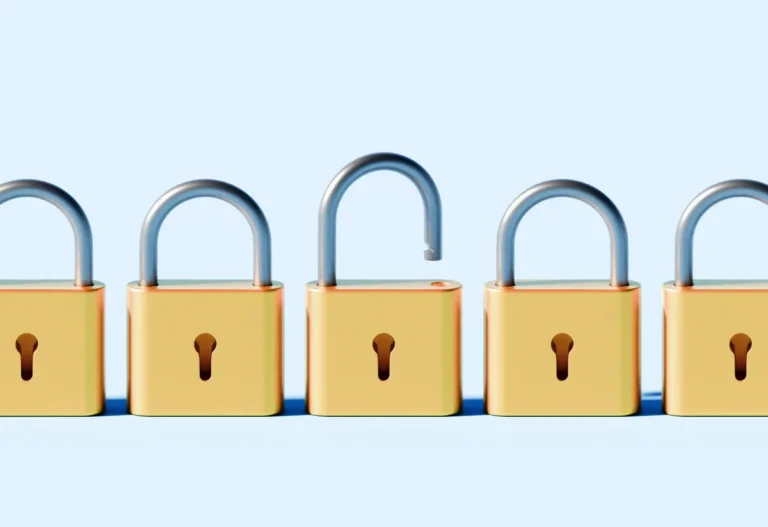Five padlocks in a row, with one open and four closed, on a light blue background
