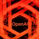 Red and black geometric pattern with repeated text "OpenAI" in varying sizes and transparency.