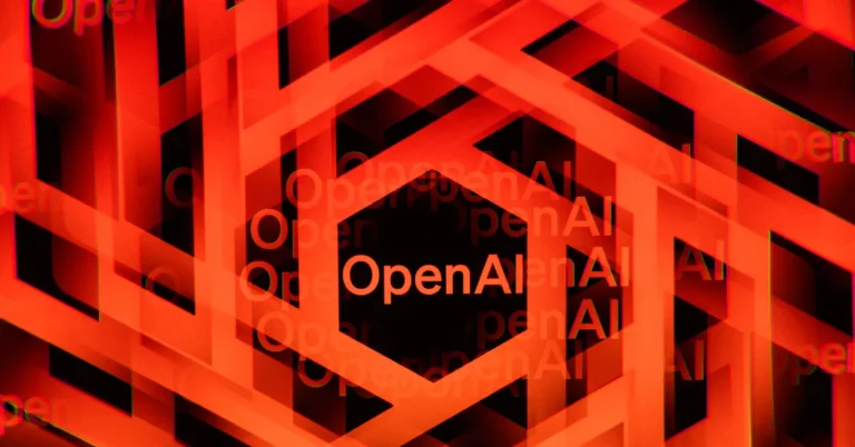 Red and black geometric pattern with repeated text "OpenAI" in varying sizes and transparency.