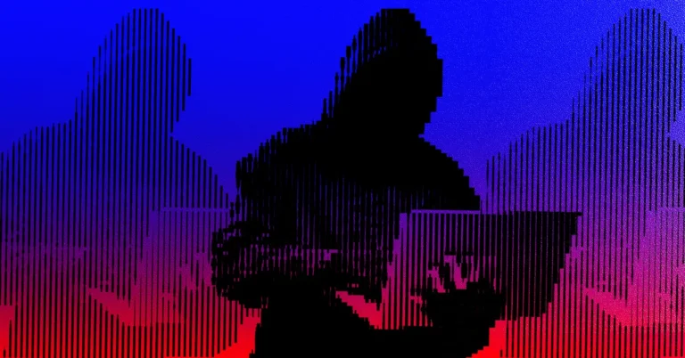 Silhouetted figure in a hoodie using a laptop against a striped blue and red background.