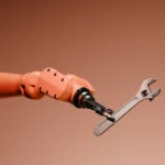 Robotic arm holding an adjustable wrench against a gradient brown background.