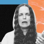 Person with long hair looks confused holding a smartphone, hands raised, set against a textured orange and black background.