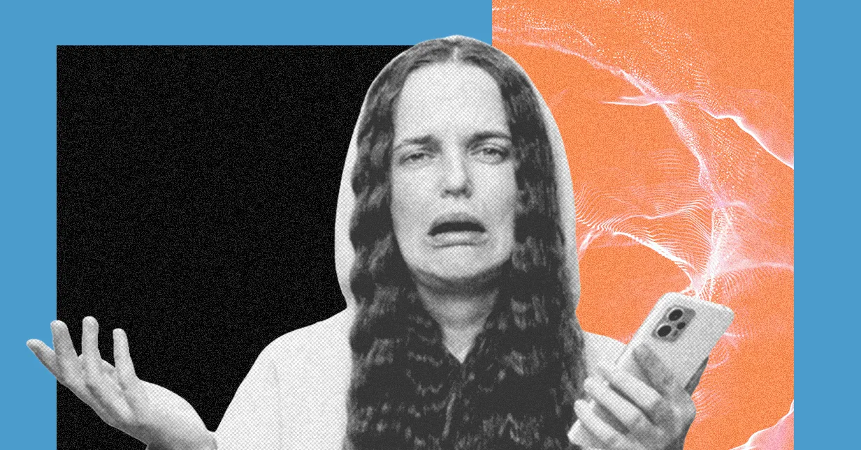 Person with long hair looks confused holding a smartphone, hands raised, set against a textured orange and black background.