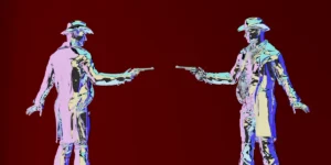Two metallic cowboy figures in hats and coats pointing guns at each other against a solid red background.