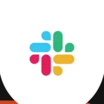 Slack logo centered on a colorful abstract background with red, black, and white shapes.
