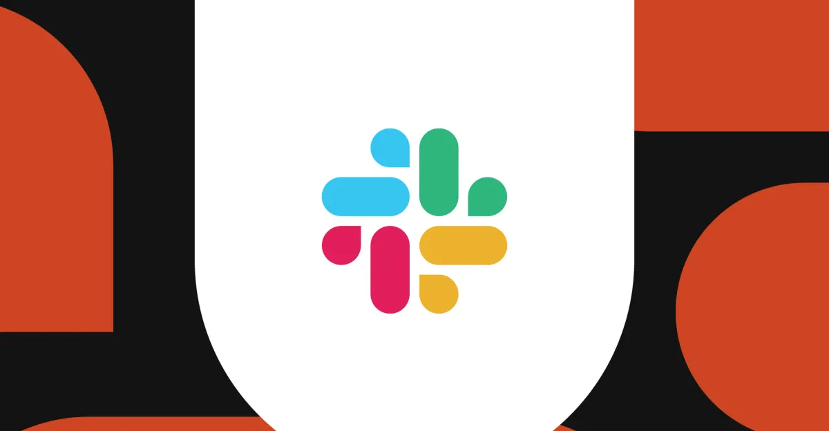 Slack logo centered on a colorful abstract background with red, black, and white shapes.