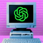 Retro computer displaying a green logo on the screen, set against a pink binary code background.