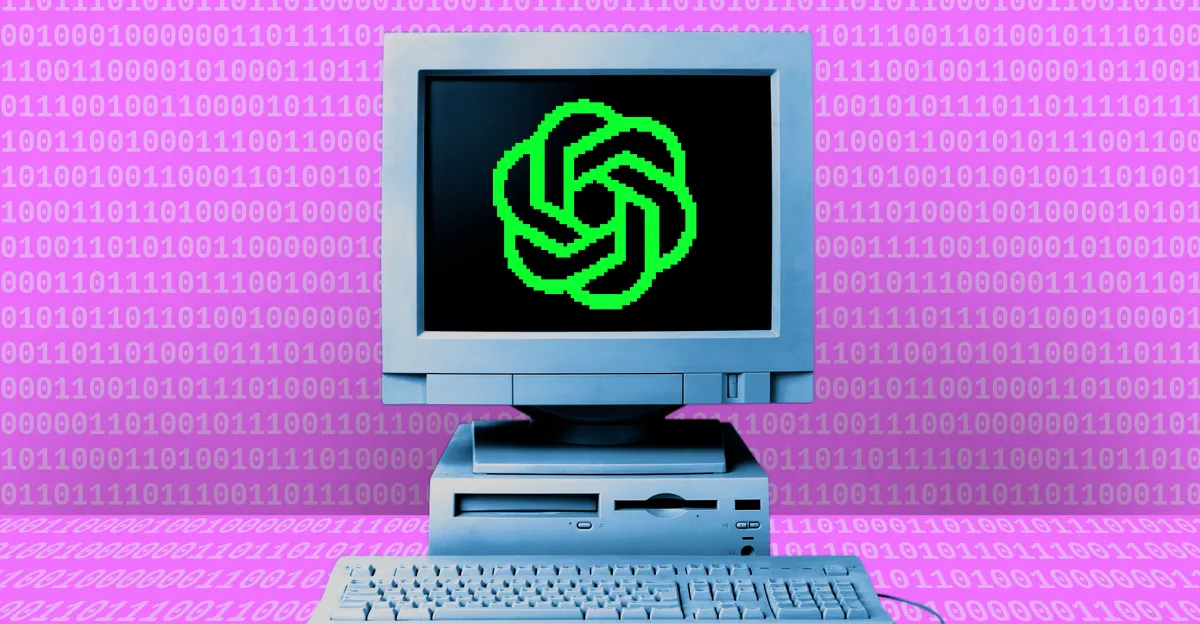 Retro computer displaying a green logo on the screen, set against a pink binary code background.