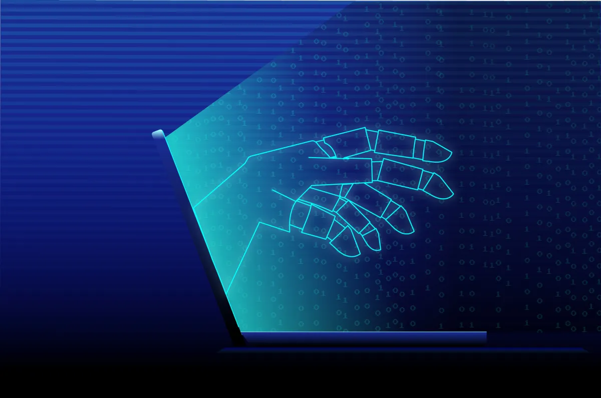 Digital outline of a hand extends from a laptop screen, surrounded by binary code on a blue background.