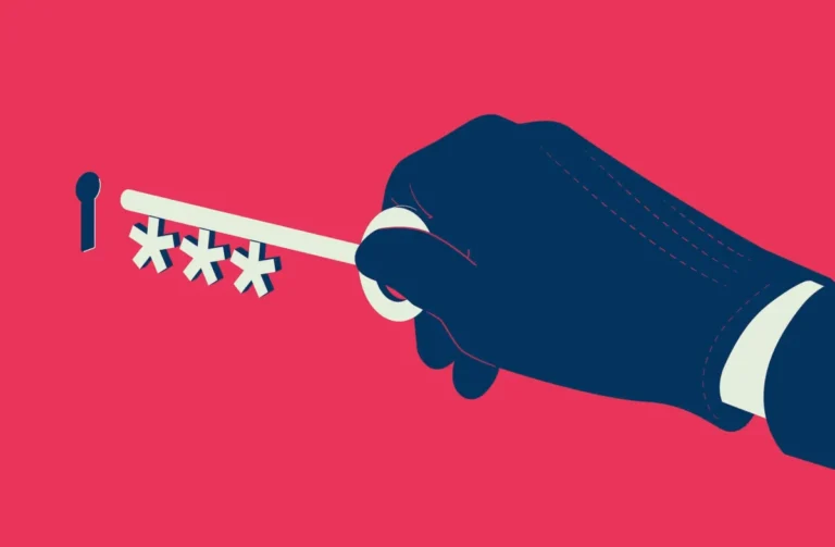 Dark blue hand holding a key with asterisks facing a keyhole, on a red background.