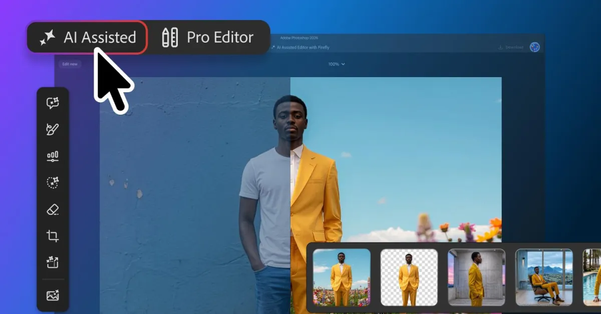 AI-assisted photo editing interface showing split-screen image of a man in casual and formal attire, with editing tools on...