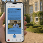 Hand holding a smartphone displaying a narrated story about Thornbury Castle, Gloucestershire, with castle in the background.
