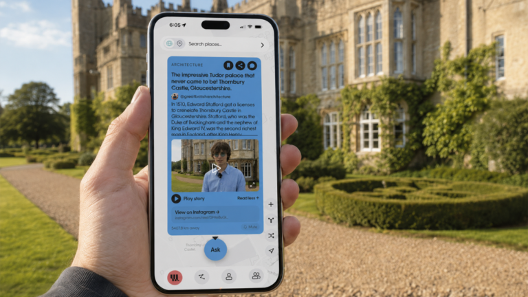 Hand holding a smartphone displaying a narrated story about Thornbury Castle, Gloucestershire, with castle in the background.