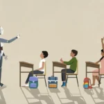 Robot teaching three students at desks, one raising hand, backpacks on floor, neutral background.