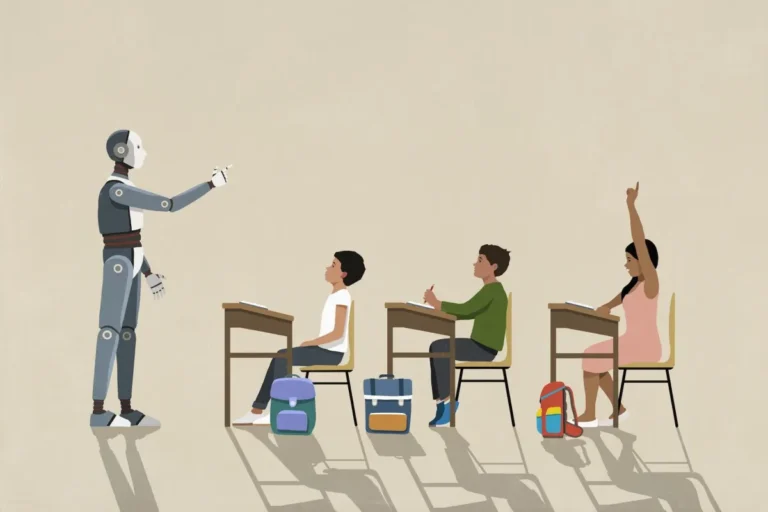 Robot teaching three students at desks, one raising hand, backpacks on floor, neutral background.