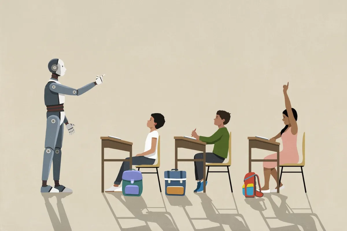 Robot teaching three students at desks, one raising hand, backpacks on floor, neutral background.