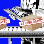 Person using tablet near conveyor belt with boxes labeled "AI Generated!" against a blue background.