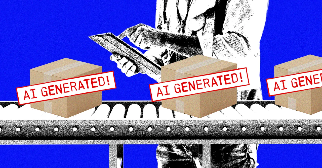 Person using tablet near conveyor belt with boxes labeled "AI Generated!" against a blue background.