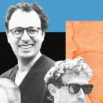 Three men with glasses, one smiling, in a collage with blue and orange backgrounds featuring abstract head silhouettes.