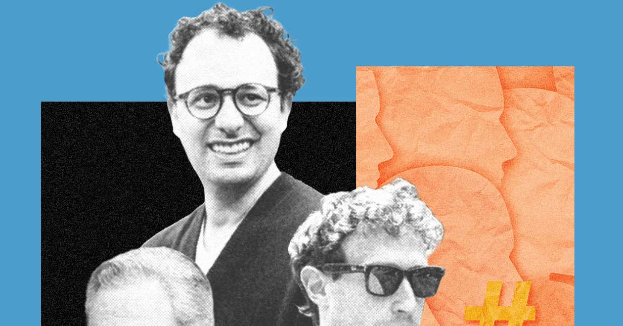Three men with glasses, one smiling, in a collage with blue and orange backgrounds featuring abstract head silhouettes.