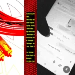 Split-screen with fiber optic cables, a smartphone displaying a chat, and an ethernet switch, all in red and yellow tones.