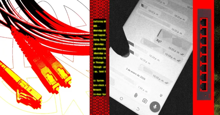 Split-screen with fiber optic cables, a smartphone displaying a chat, and an ethernet switch, all in red and yellow tones.