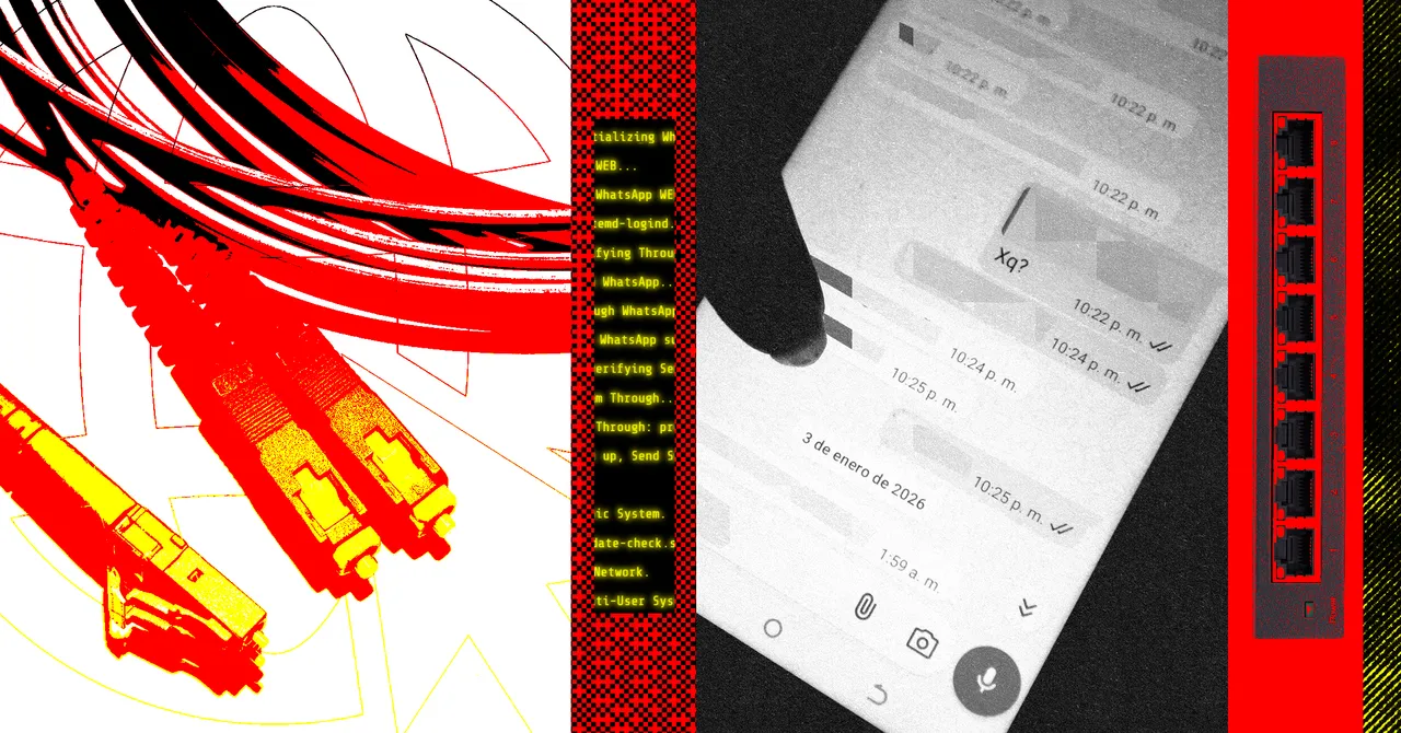 Split-screen with fiber optic cables, a smartphone displaying a chat, and an ethernet switch, all in red and yellow tones.