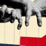 Two hands manipulate strings like a puppet, with red and blue chat bubbles below, against a beige background.