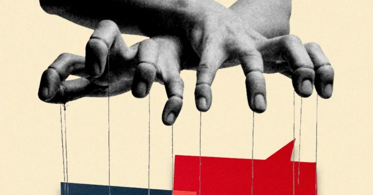 Two hands manipulate strings like a puppet, with red and blue chat bubbles below, against a beige background.