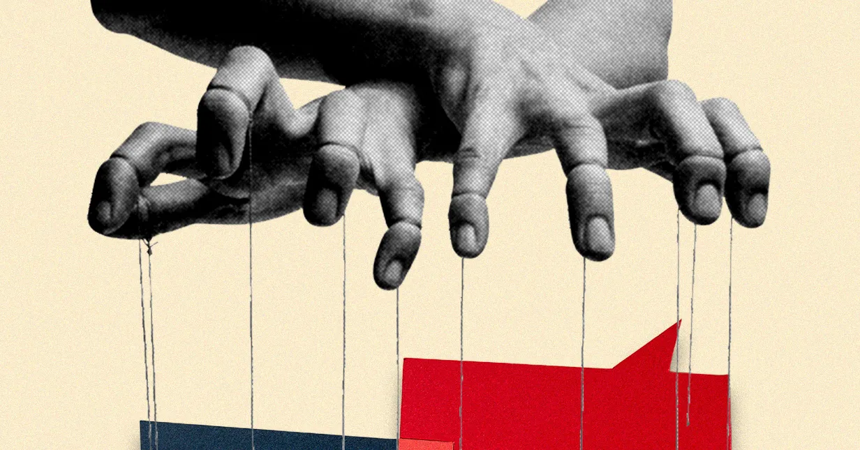 Two hands manipulate strings like a puppet, with red and blue chat bubbles below, against a beige background.