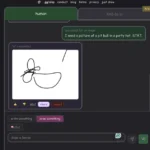 Chat interface with a hand-drawn sketch resembling a dog, user request for a pit bull in a party hat, buttons for feedback.