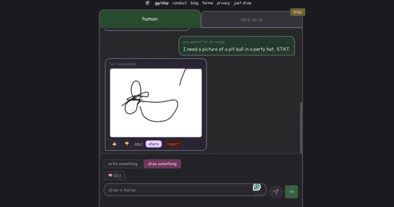 Chat interface with a hand-drawn sketch resembling a dog, user request for a pit bull in a party hat, buttons for feedback.