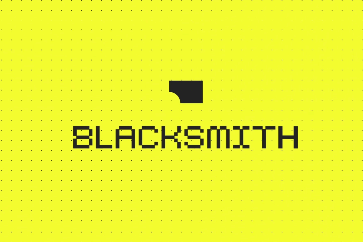 Blacksmith logo on bright yellow background with small black dots