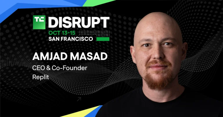 Man with a goatee on a black dotted background, text reads: "TechCrunch Disrupt, Oct 13-15, San Francisco, Amjad Masad, CE...