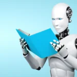 Robot humanoid reading a blue book against a light blue background.