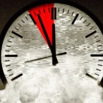 A distorted clock face with red section and smoke at the bottom, indicating urgency or countdown