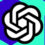 OpenAI logo with interlocking shapes on a teal and blue geometric background.