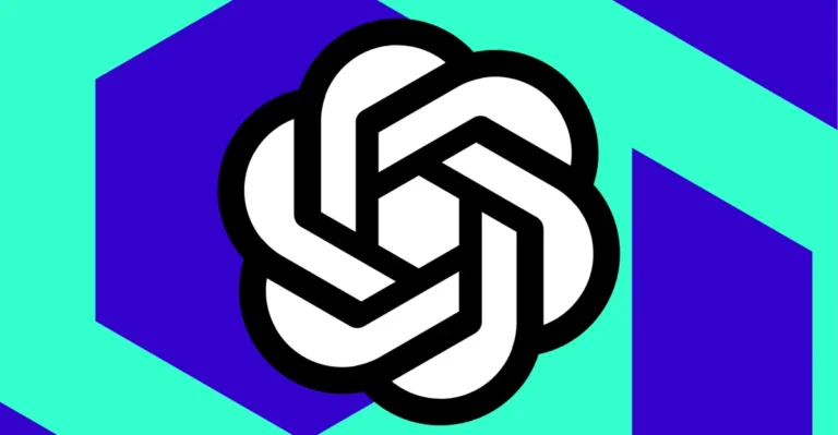 OpenAI logo with interlocking shapes on a teal and blue geometric background.