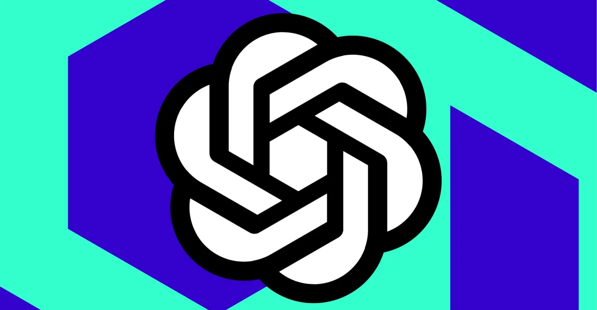 OpenAI logo with interlocking shapes on a teal and blue geometric background.