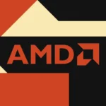 AMD logo in bold red and black geometric design on a beige background.