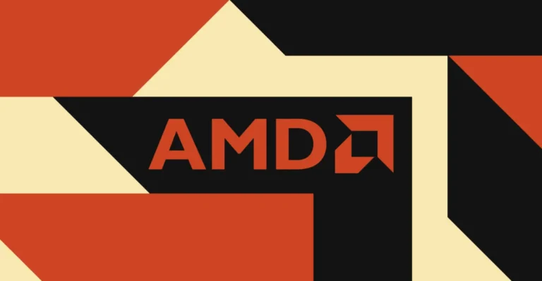 AMD logo in bold red and black geometric design on a beige background.