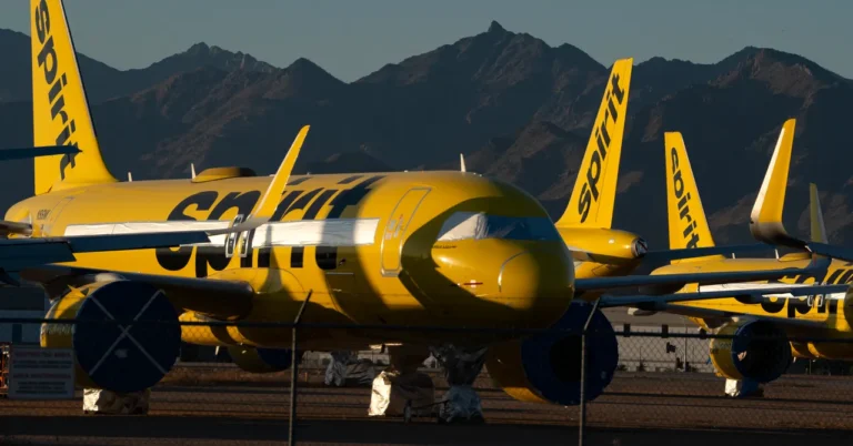 Yellow Spirit Airlines planes parked on tarmac with mountains in the background, fenced area in foreground.