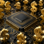 A computer chip surrounded by multiple gold dollar signs on a circuit board, symbolizing financial investment in technology.
