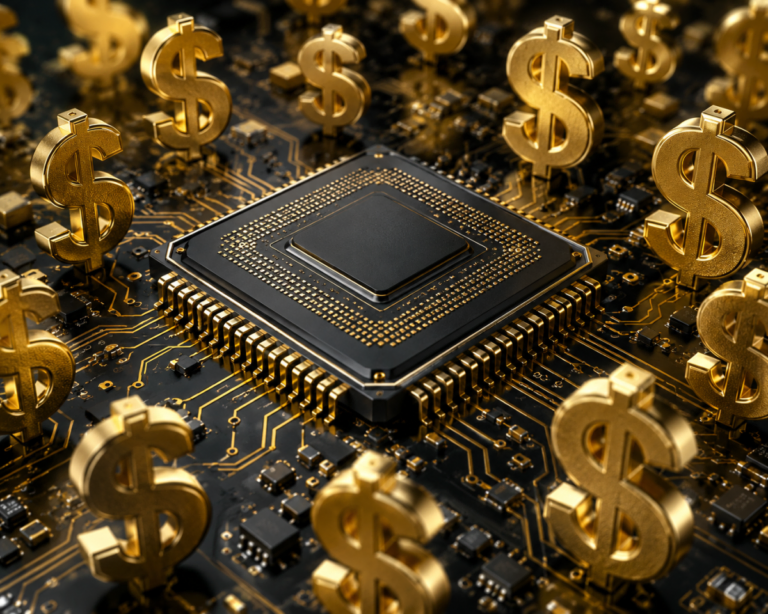 A computer chip surrounded by multiple gold dollar signs on a circuit board, symbolizing financial investment in technology.